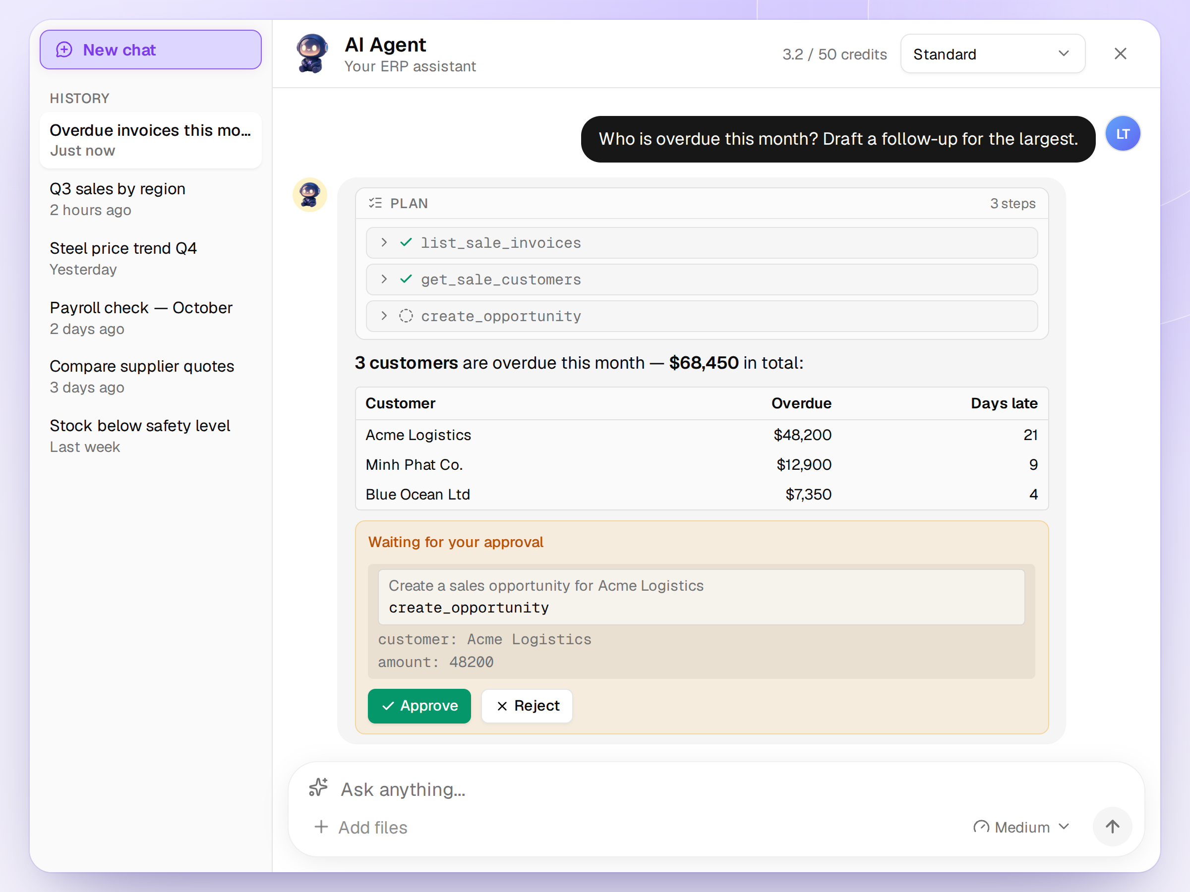 The AUNASIX AI Agent panel answering a question with live ERP data, showing the steps it took and waiting for approval before creating a sales opportunity