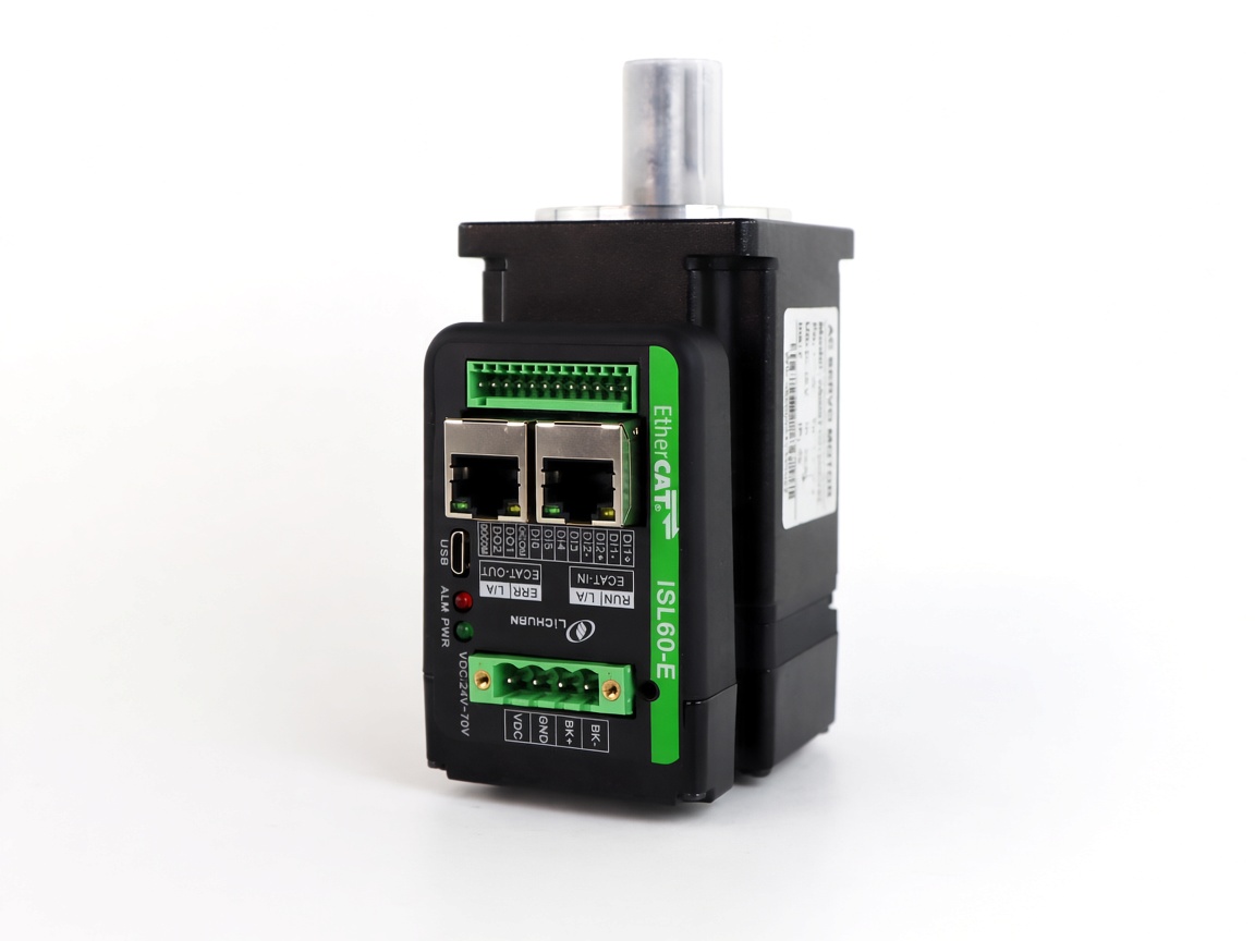 ISL60-E integrated DC servo motor with built-in EtherCAT drive, showing dual RJ45 ports, digital I/O and 24–70 VDC power terminals