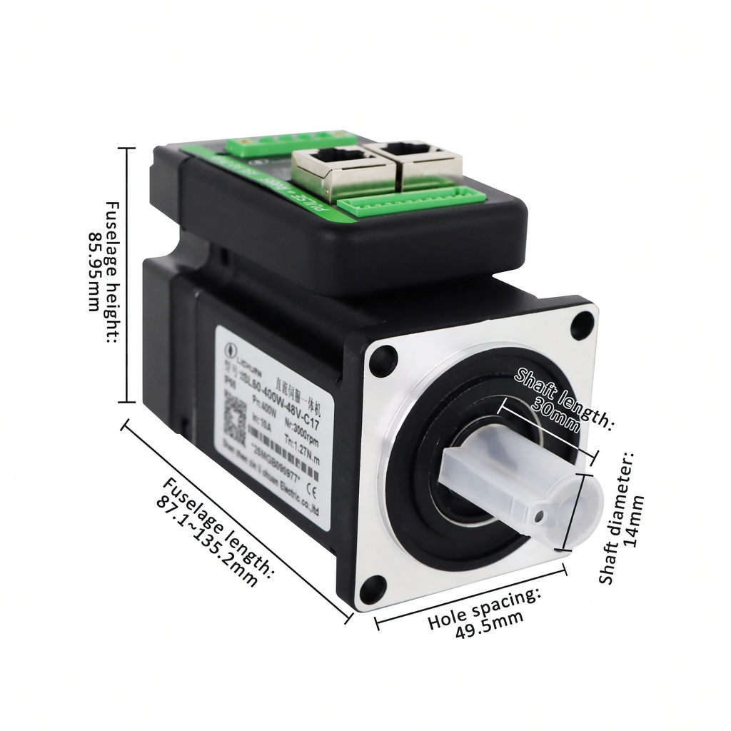 ISL60 integrated servo motor dimensions: 85.95 mm housing height, 87.1–135.2 mm body length, 49.5 mm mounting hole spacing, 14 mm shaft diameter, 30 mm shaft length